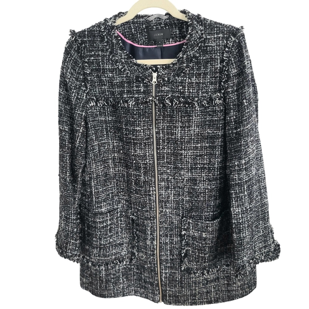 J Crew Tweed Swing Lady Jacket Raven Black Gray Wool Blend Fringe Line Large 12